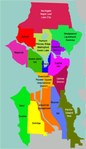 Seattle Districts overview map. Ballard District shown in red. Created by Darren Kirby (WT-en) Bulliver at English Wikivoyage.